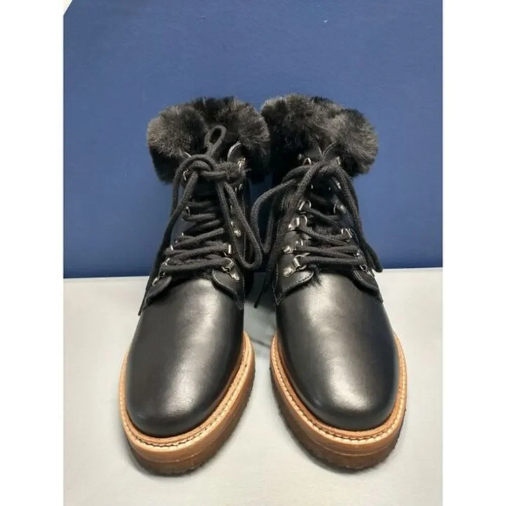 Botkier Winter Snow Boots Womens Size 6 Black Leather Faux Fur‎ Lining Lace Up